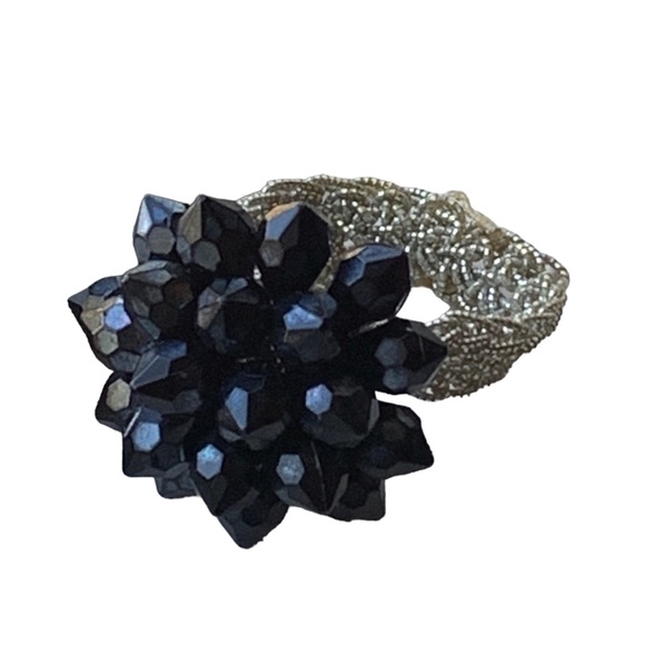 Vintage Handmade Black Facet Beaded Stretch Band Ring Woman’s Jewelry Artesian - Picture 1 of 7